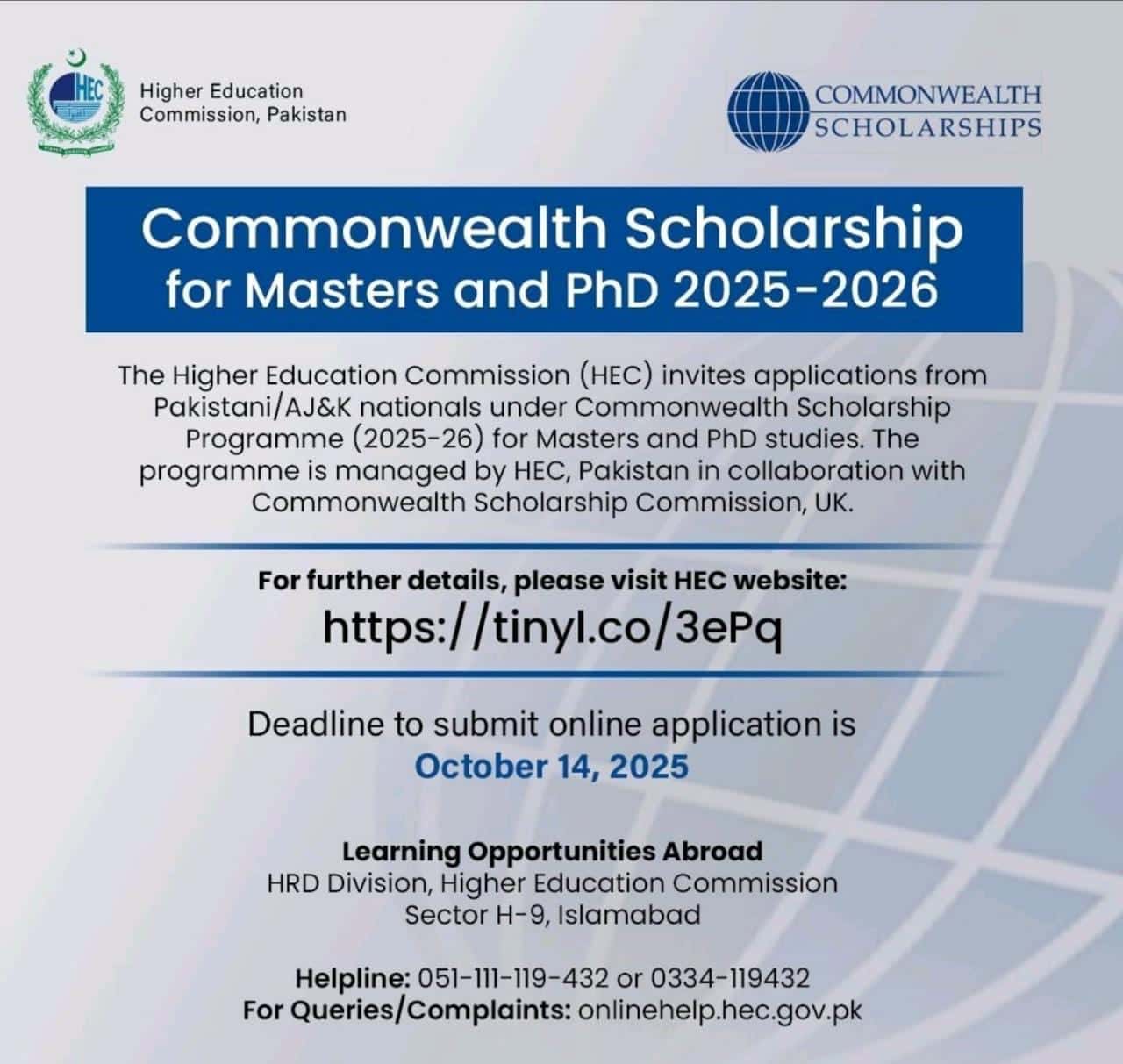 Commonwealth Scholarships for Masters & PhD (HEC Pakistan)