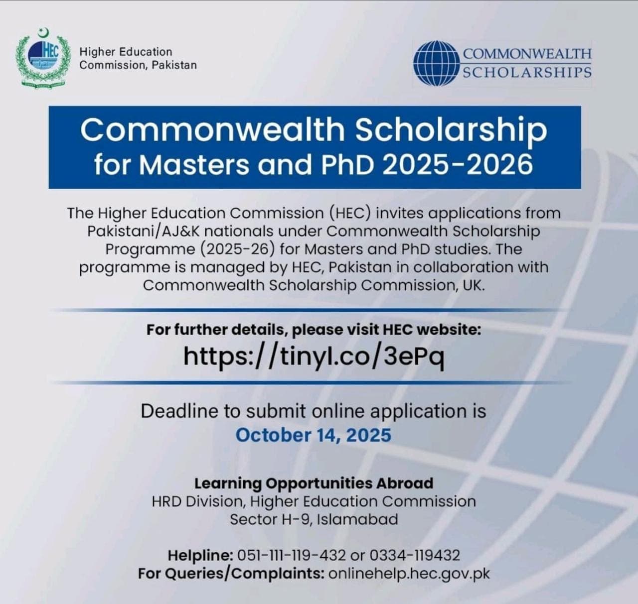 Commonwealth Scholarships for Masters & PhD (HEC Pakistan)